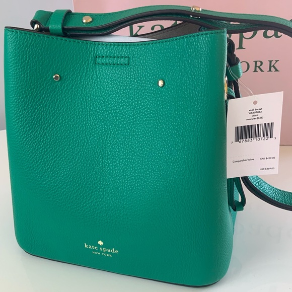 NWT kate spade Marti Bucket Drawstring Bag Purse Snow Pea Green Pebbled Leather - Picture 2 of 4